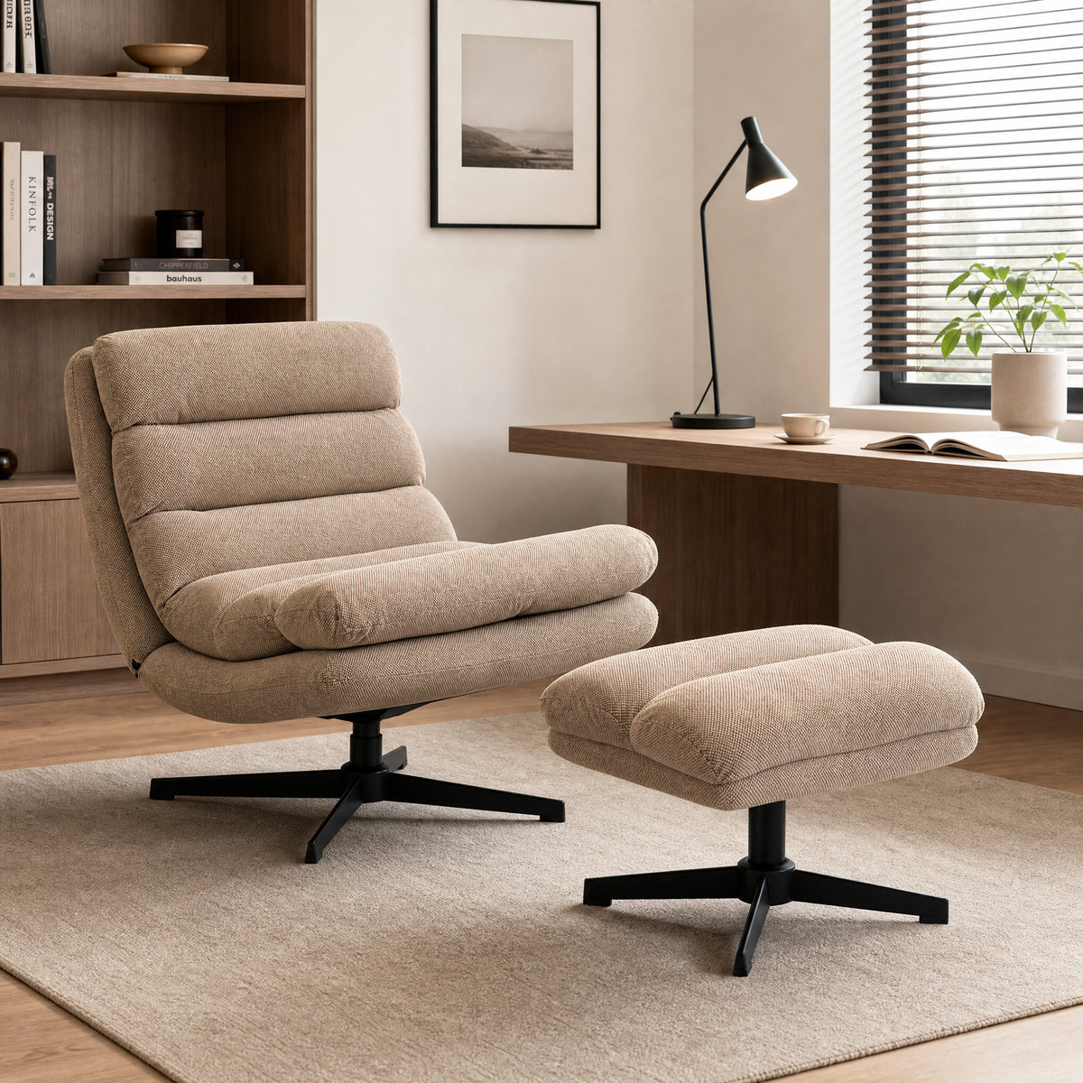 Fauteuil de Salon avec Repose-Pied Réglable, Rotation 360°, Fauteuil d'Appoint Capitonné en Lin, Assise Large, Marron-1