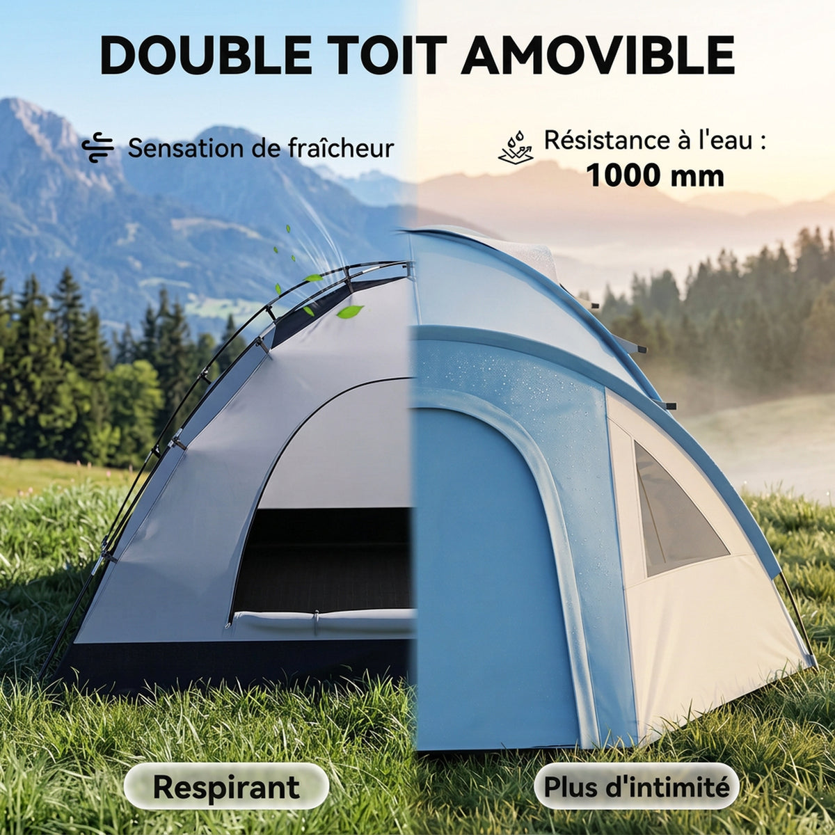 Tente de camping familiale 3 personnes tente dôme étanche légère, ventilée facile à monter double porte et-3