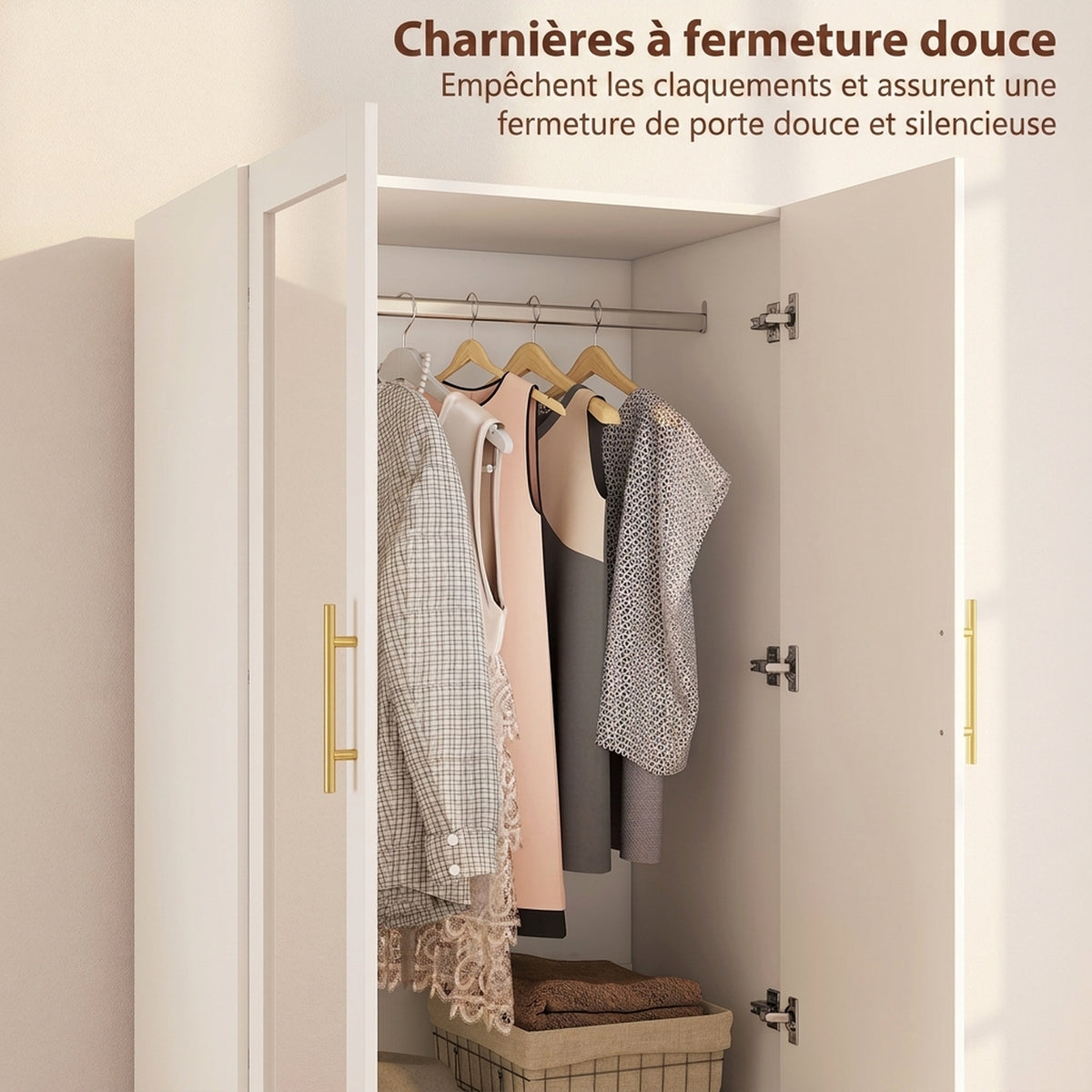 Armoire chambre penderie avec miroir, 2 tiroirs, 2 portes et barre de suspension, 80 x 50 x 180 cm, blanc-6