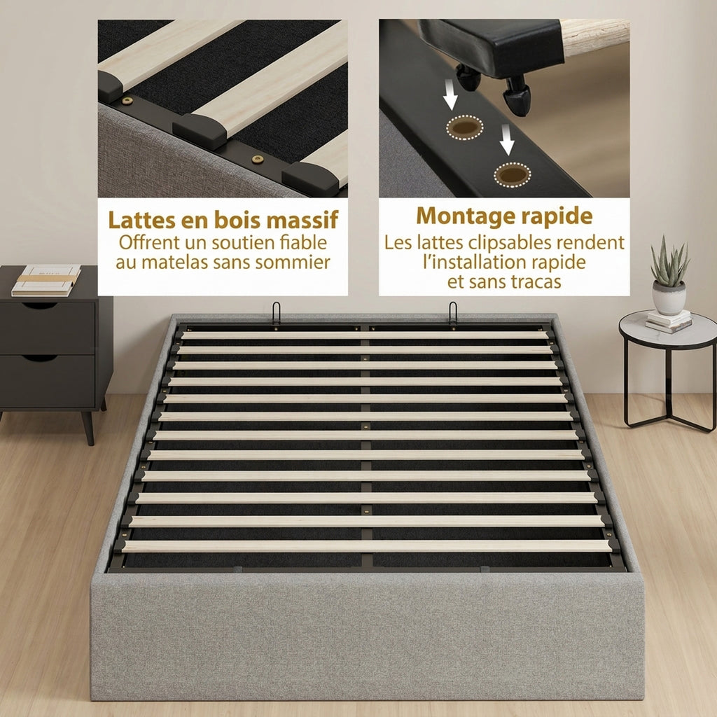 Lit coffre 140 x 190 cm, cadre de lit double rembourré, sommier à lattes en bois, rangement caché, sans bruit, gris-6