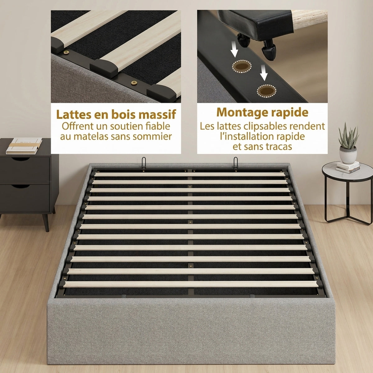 Lit coffre 140 x 190 cm, cadre de lit double rembourré, sommier à lattes en bois, rangement caché, sans bruit, gris-6