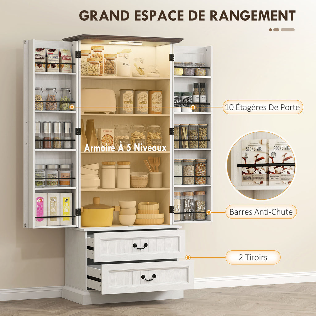 Buffet haut cuisine, armoire de cuisine, LED à capteur, 2 portes, tiroirs et étagères réglables, 76x39,5x183cm, blanc-4