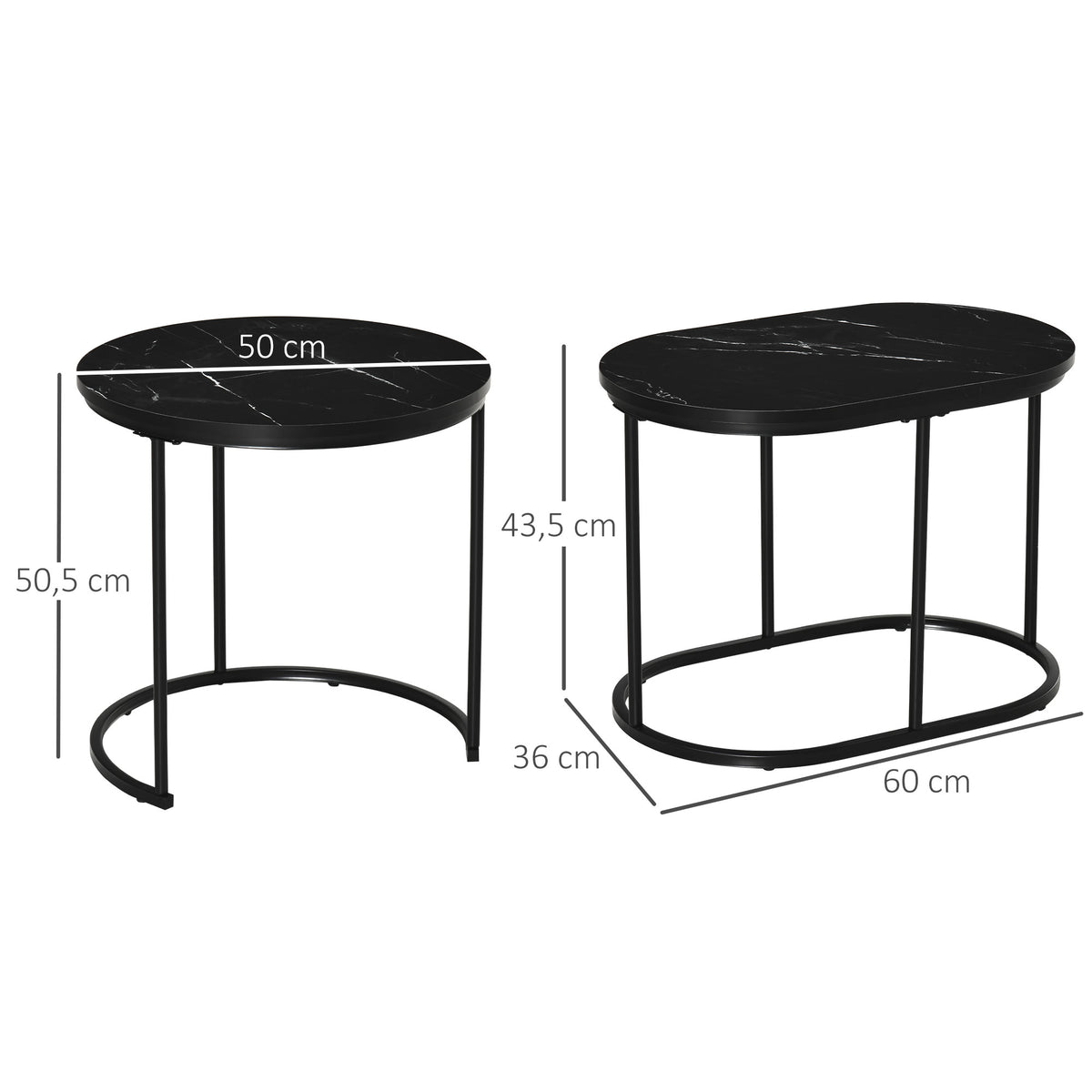 Lot de 2 tables basses tables d'appoint gigognes en acier et plateau MDF aspect marbre - table ronde et ovale - noir-2