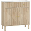 Buffet, meuble de rangement cannelé avec plateau effet marbre, 2 tiroirs, 2 portes, étagère réglable, 77x30x80cm, chêne-0