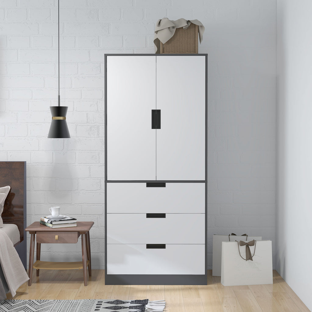 Armoire chambre penderie avec 2 portes à fermeture douce, 3 tiroirs et barre de suspension, 80x50x180cm, gris et blanc-6