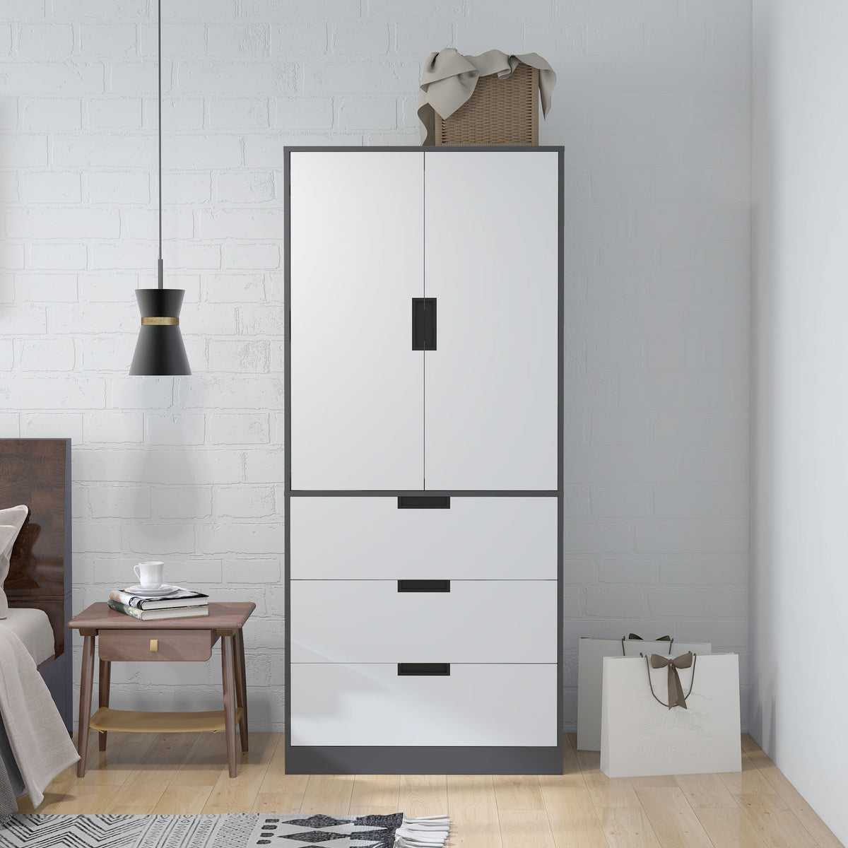 Armoire chambre penderie avec 2 portes à fermeture douce, 3 tiroirs et barre de suspension, 80x50x180cm, gris et blanc-6