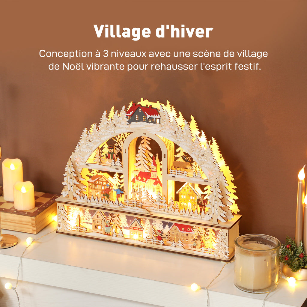 Villaggio di Natale ad arco in legno con 20 LED, 45 × 10 × 35 cm