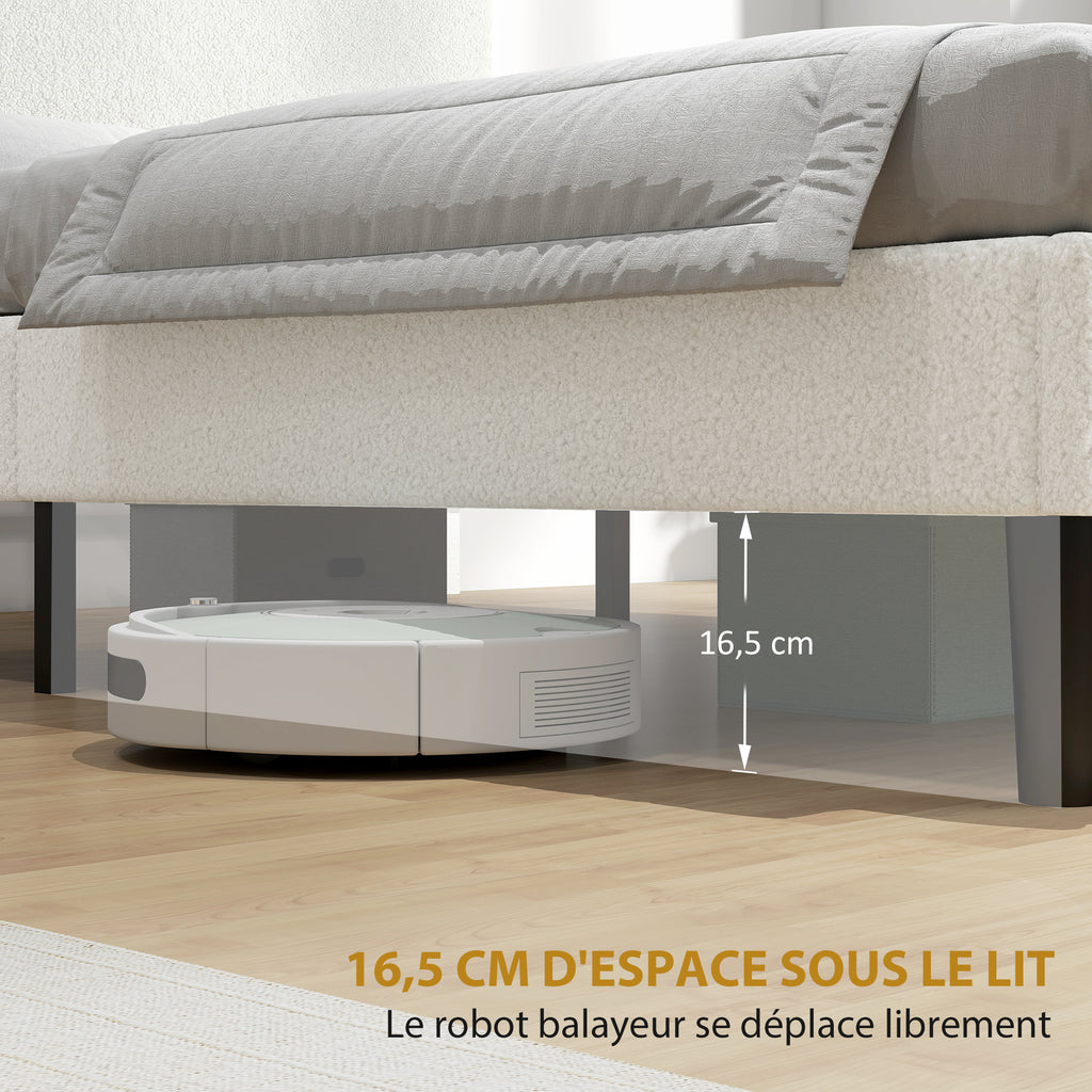 Cadre de Lit 140x190cm avec Sommier, Tête de Lit Réglable, Lit Double Rembourré en Velours Teddy, Lattes en Métal, Blanc-5