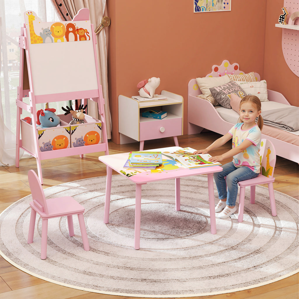 Table enfant avec chaise, ensemble table et 2 chaises en bois pour dessiner, jouer, étudier, rose-1