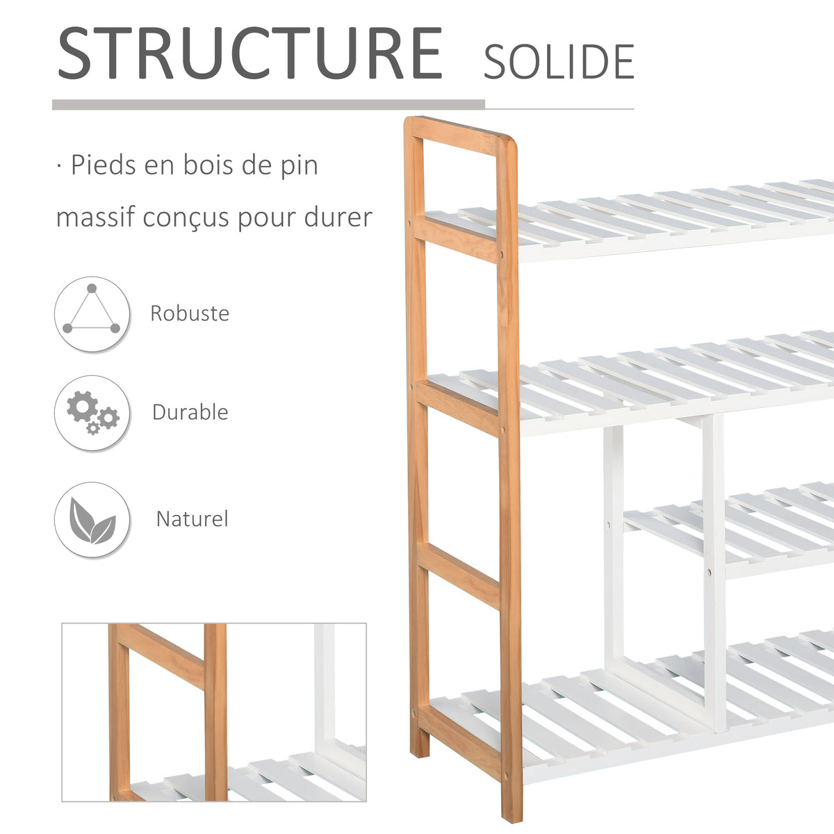 Etagère à Chaussures - étagère de Rangement - Meuble Chaussures 4 Niveaux Bois de pin étagères à Lattes MDF Blanc-5