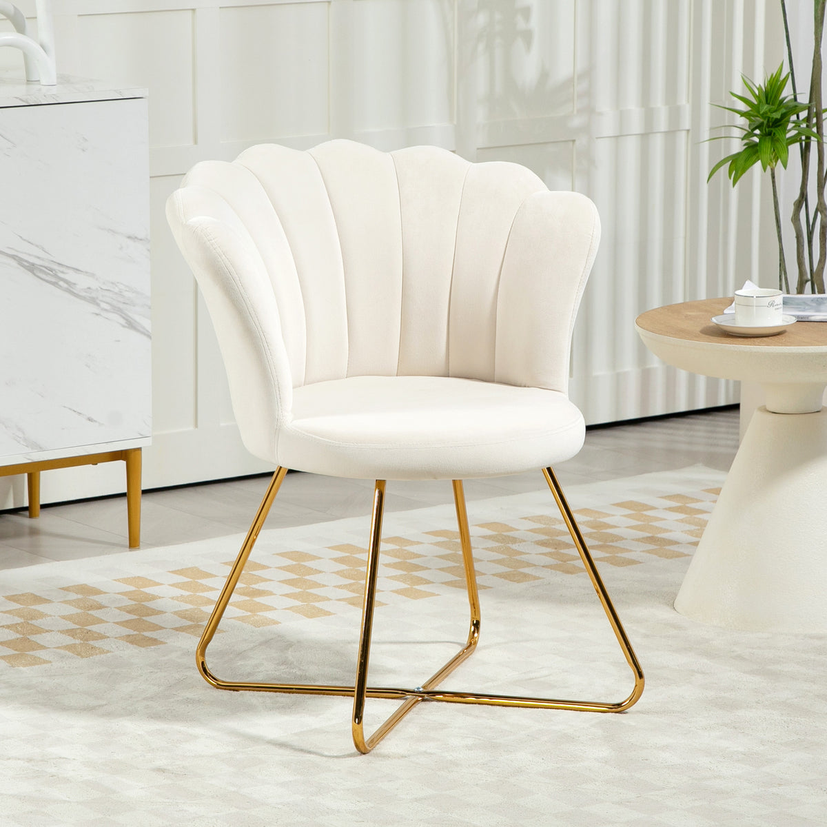 Fauteuil coquillage chaise coiffeuse fauteuil en velours fauteuil de salon avec pieds en acier 69 x 64 x 80 cm crème-1