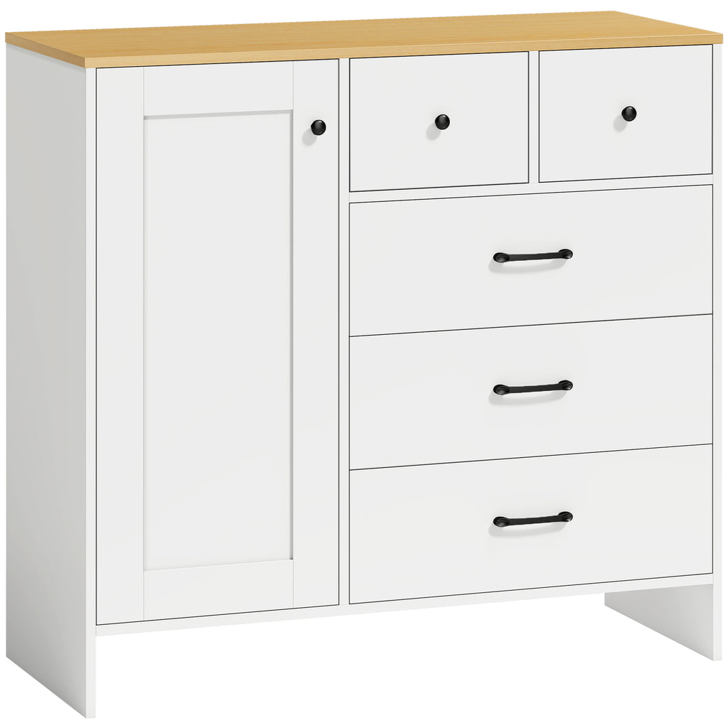 Buffet Cuisine, Meuble de Rangement avec 5 Tiroirs et Porte, Style Rustique, 100 x 40 x 94 cm, Blanc-0