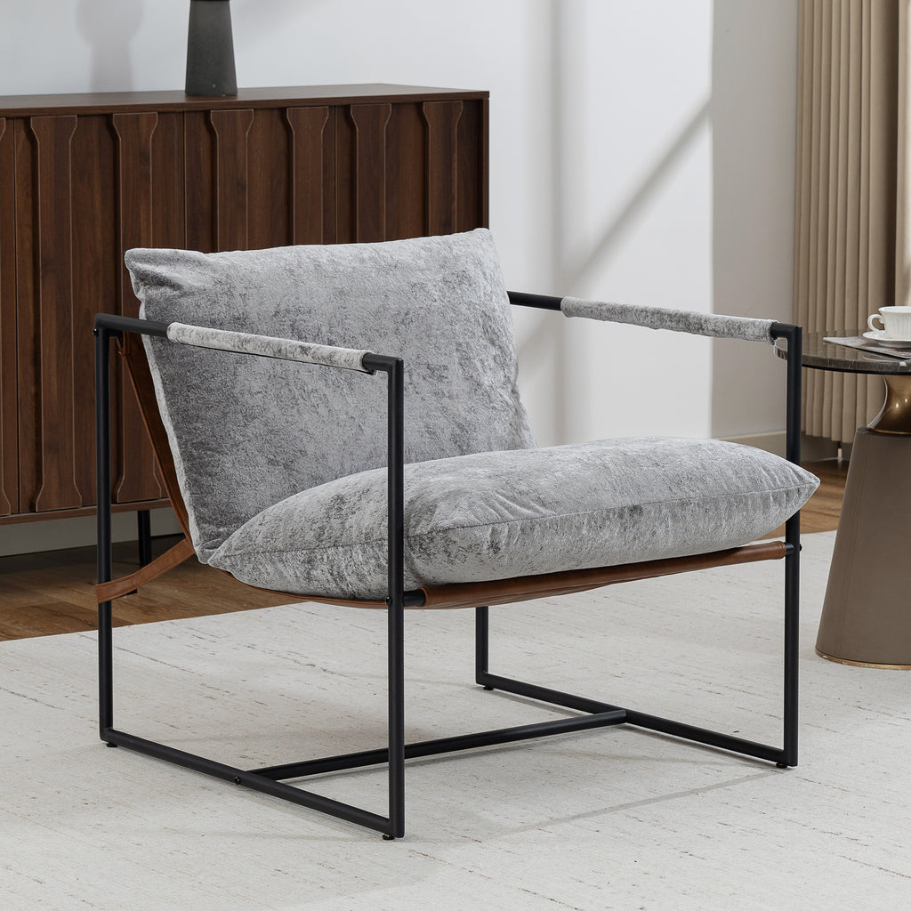 Fauteuil salon, fauteuil d'appoint rembourré en velours imprimé, large assise et structure en acier, 77x91x80cm, gris-1