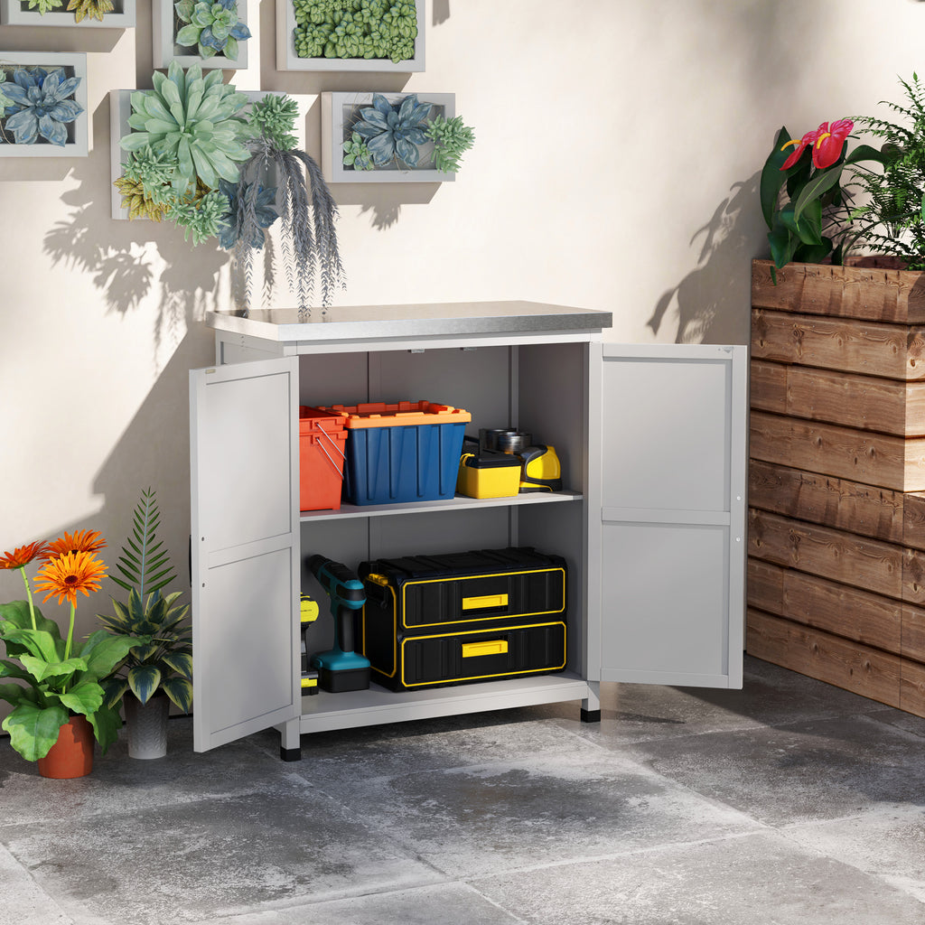 Armoire de jardin en Bois Extérieur, armoire de rangement de Jardin avec Plan de Travail acier galvanisé 79x43x92cm gris-1