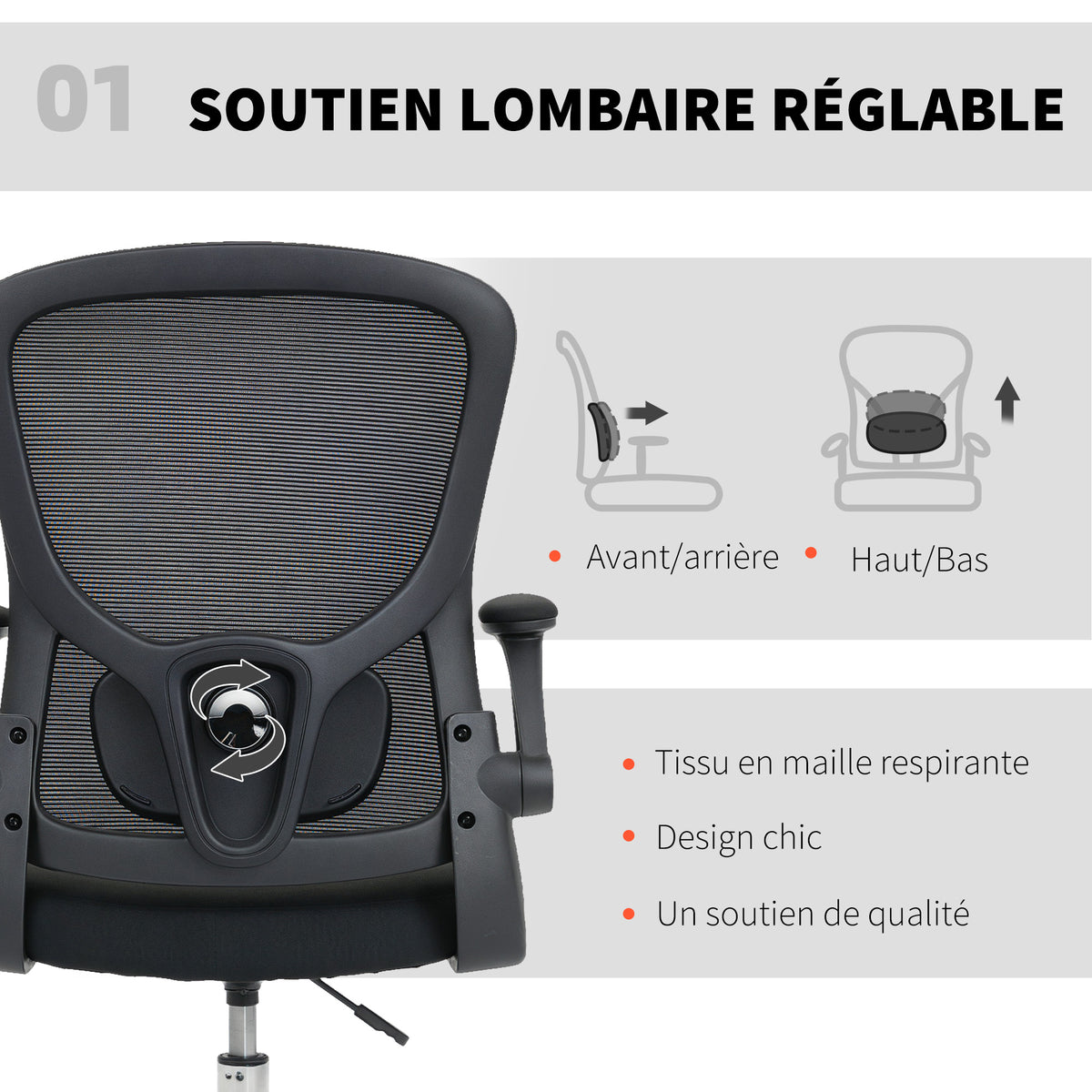 Chaise bureau ergonomique, chaise de dessin, support lombaire 4D, accoudoirs relevables, 60 x 60 x 108-132 cm, noir-3