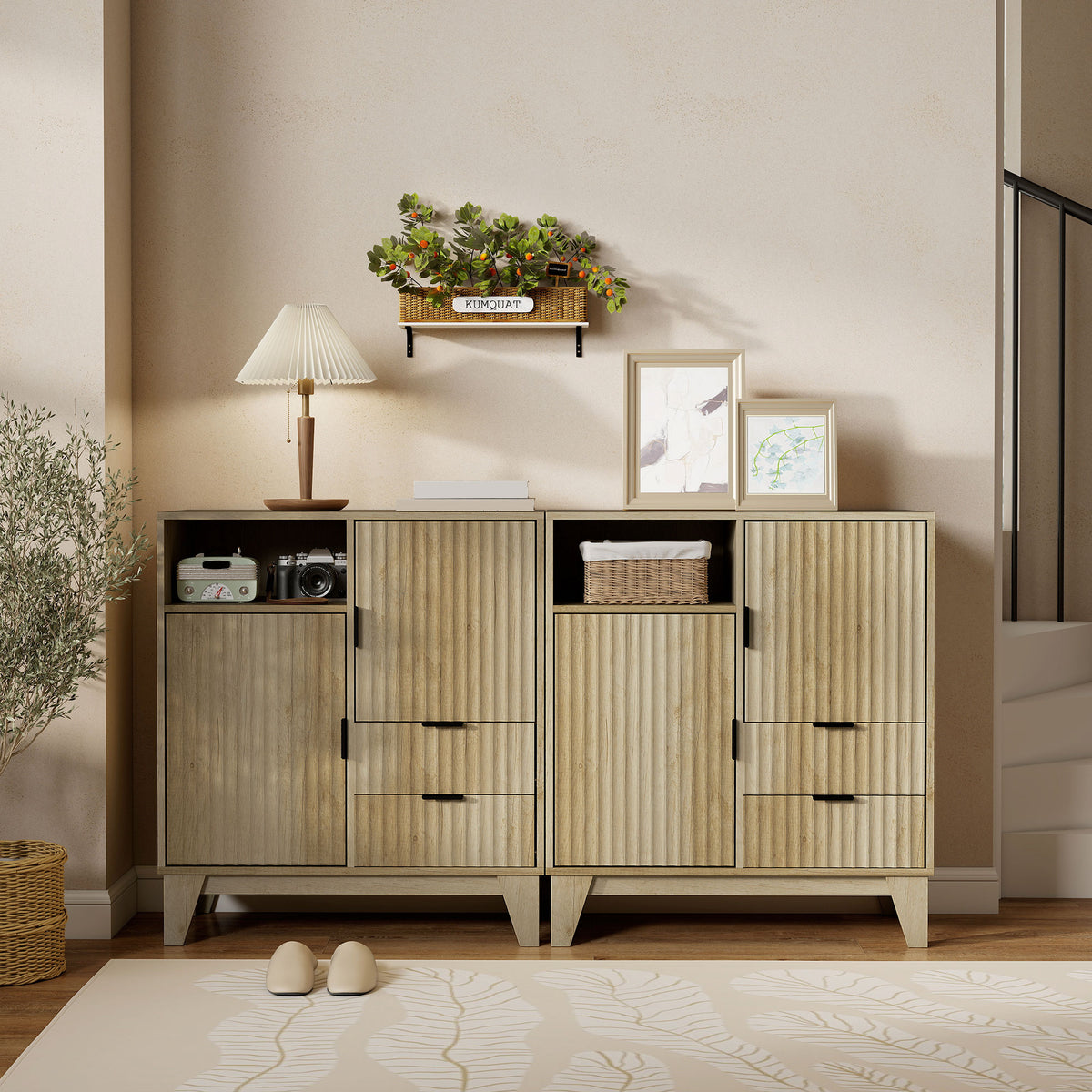 Buffet salon, meuble de rangement, 2 portes, 2 tiroirs, étagère réglable, compartiment ouvert, 80x40x90cm, bois naturel-8