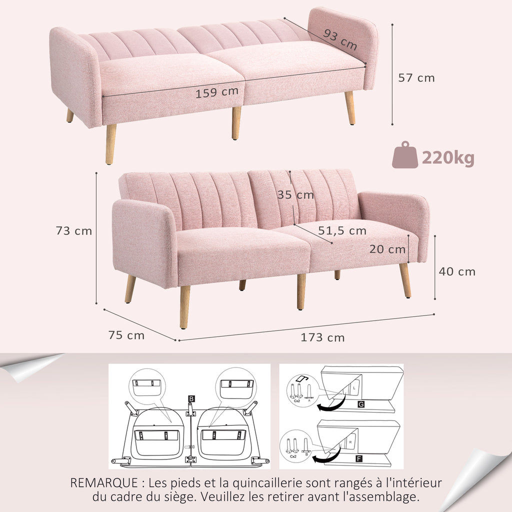 Canapé Convertible 2 Places Design scandinave Dossier inclinable 3 Positions Pieds Bois Tissu Aspect Lin Rose-2