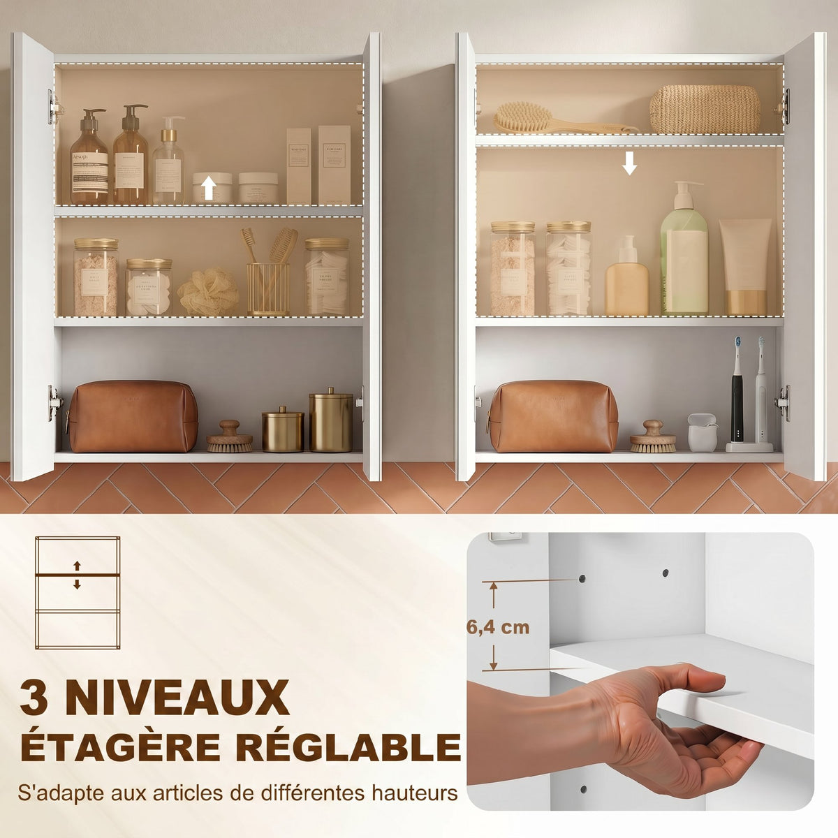 Armoire avec Miroir en Bois Rangement Salle de Bain Fermeture Porte Tampon MDF-4