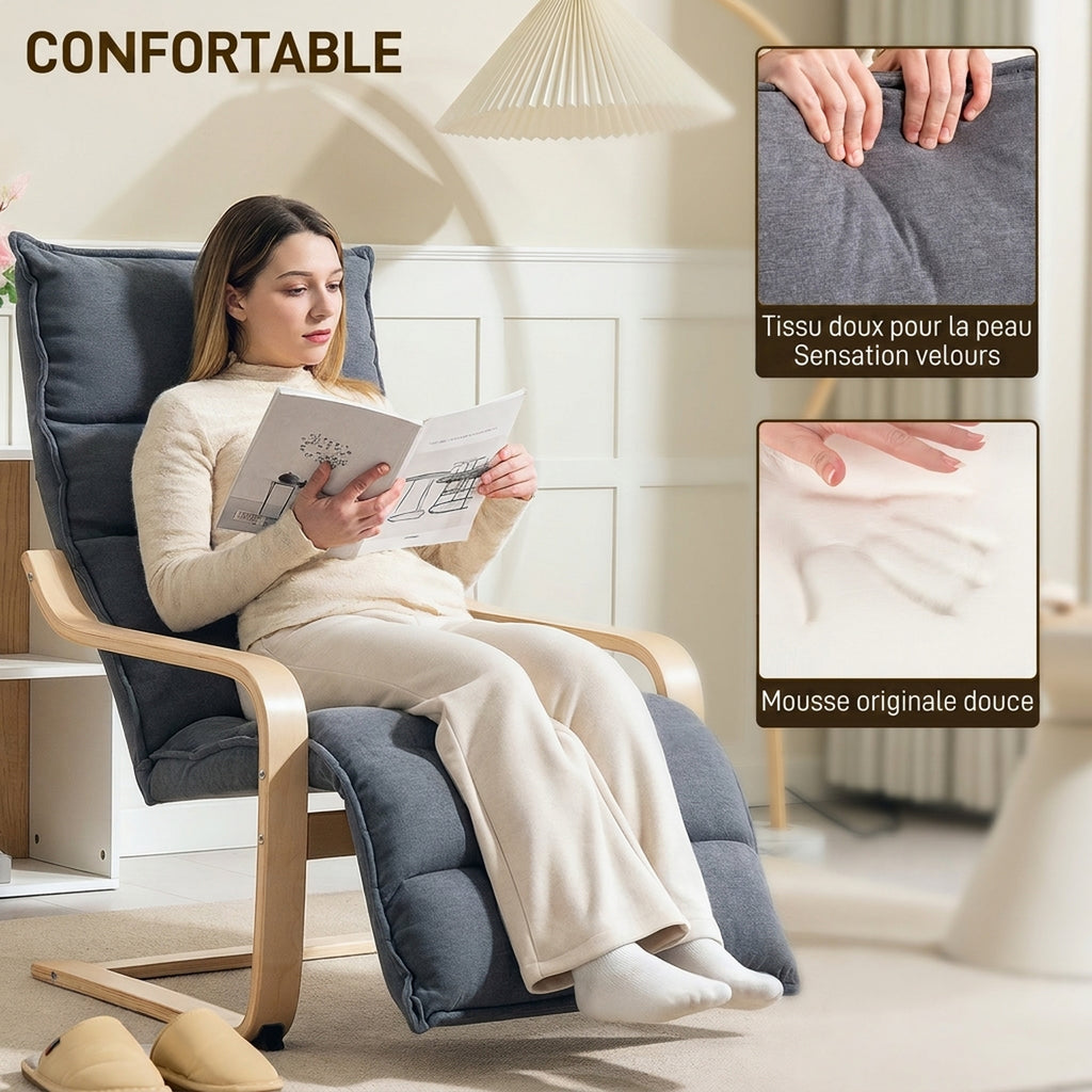 Fauteuil Salon, Fauteuil d'Appoint Rembourré en Velours, Repose-Pieds Réglable, Structure Acier, 67x93x105cm, Gris Foncé-3