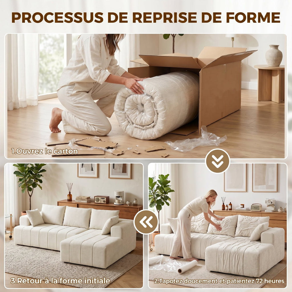 Canapé d'angle 256 cm avec méridienne, canapé-lit 3 places en chenille forme de L, assise et accoudoirs larges, beige-6