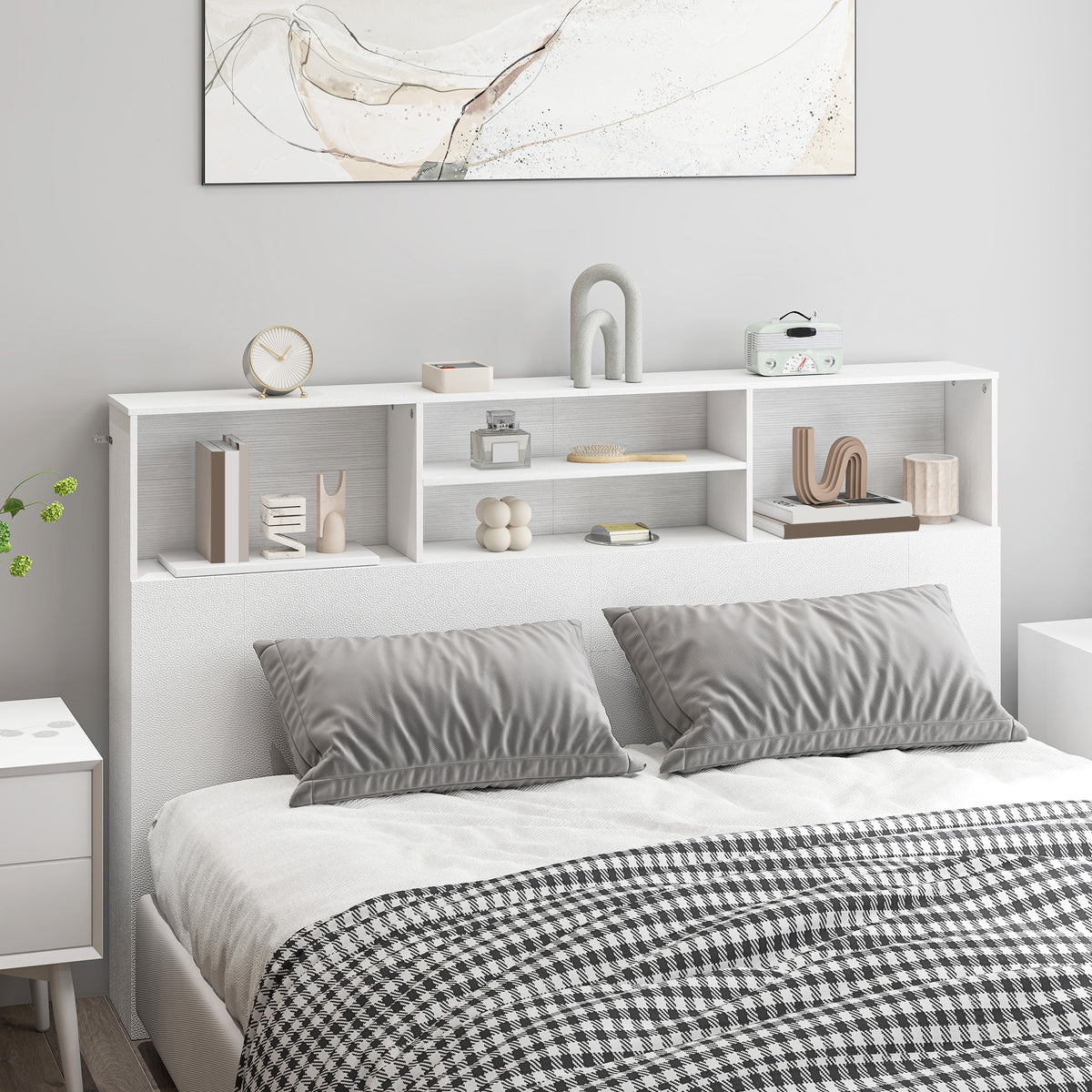 Tête de lit sur pied avec rangements, accessoire de lit 4 compartiments ouverts, 160 x 20,2 x 108,2 cm, blanc-9