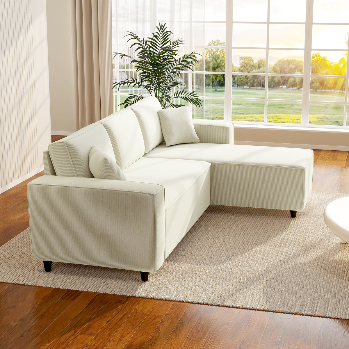Canapé d'angle réversible 3 places moderne avec coussins inclus, tissu velours côtelé, crème-8