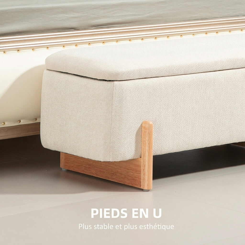 Banc de Rangement, Bout de Lit Rembourré, Charnières de Sécurité, Pieds Forme U en Bois d'Hévéa Stable, Crème-5