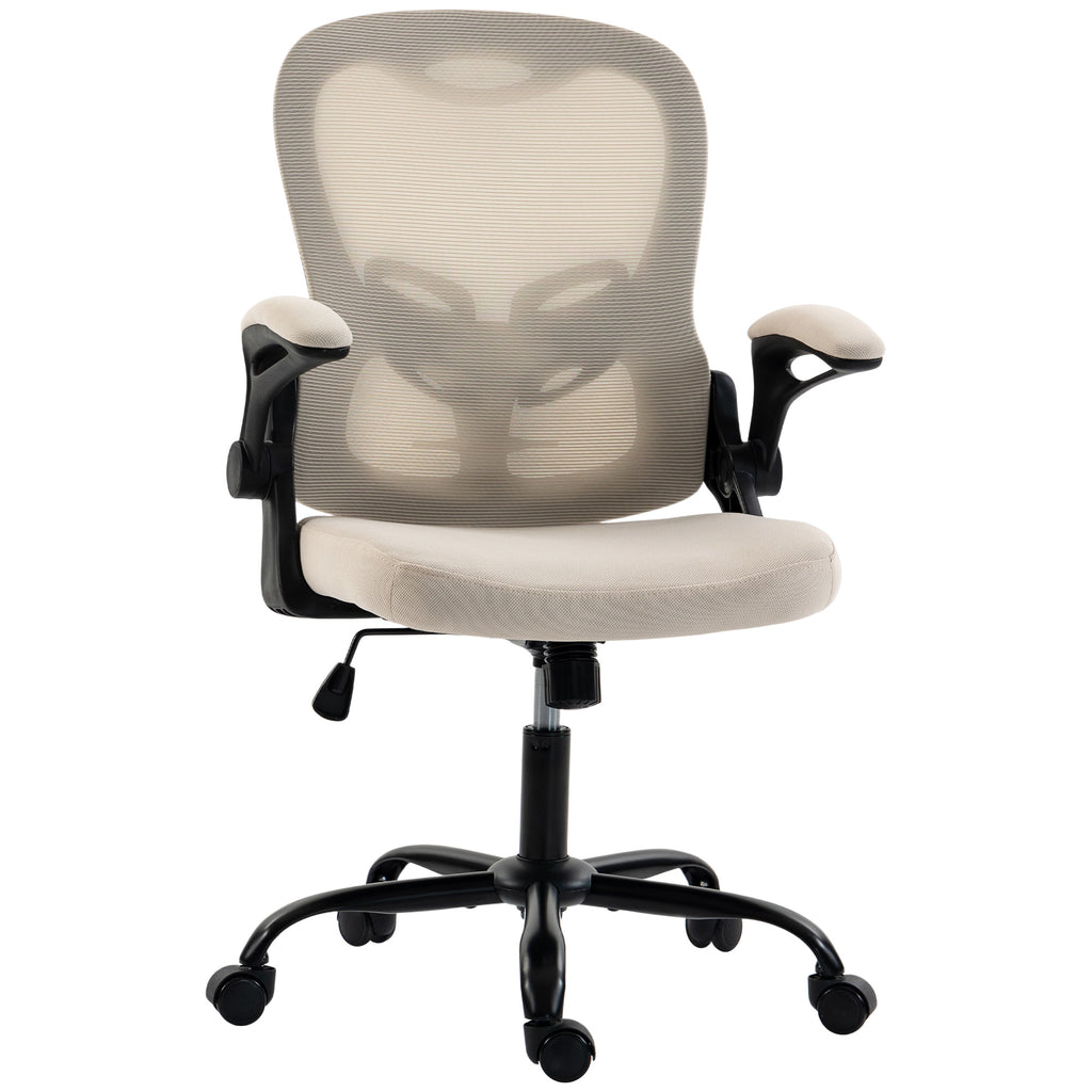 Chaise Bureau Ergonomique, Fauteuil de Bureau Maille, Accoudoirs Relevables, Hauteur Réglable, Fonction Bascule, Beige-0