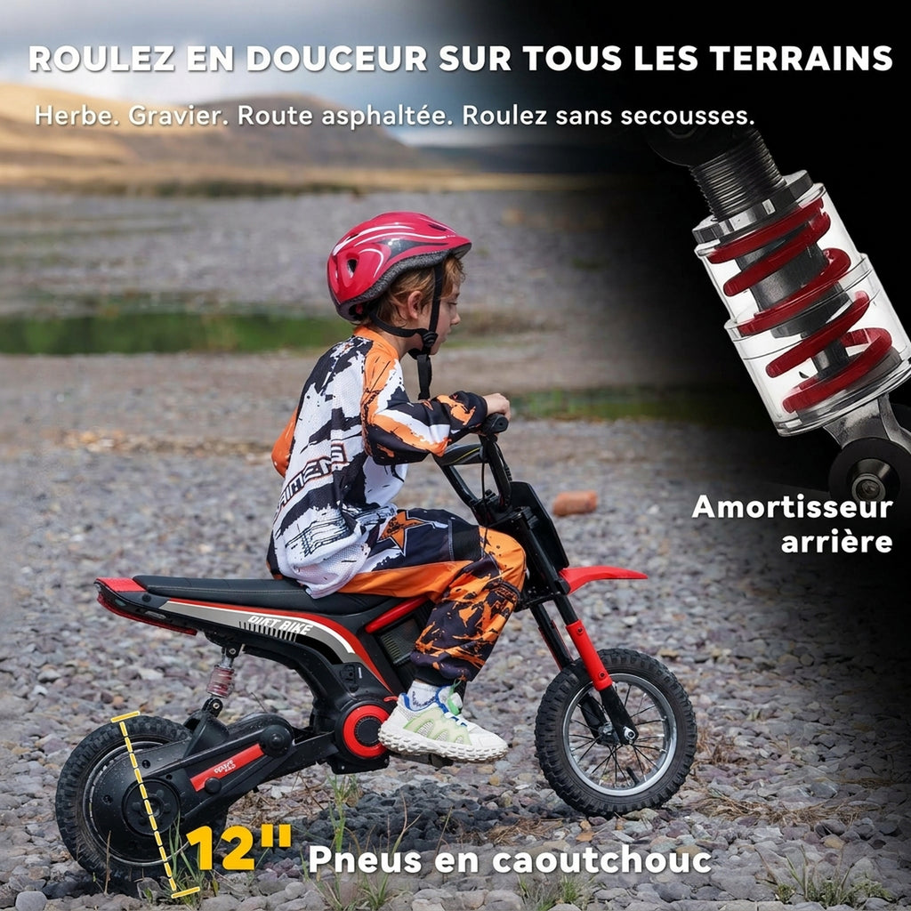Moto cross électrique enfant moto électrique enfants moteur 350 W batterie 12V 8-16 km/h pneus gonflables 12'' rouge-6