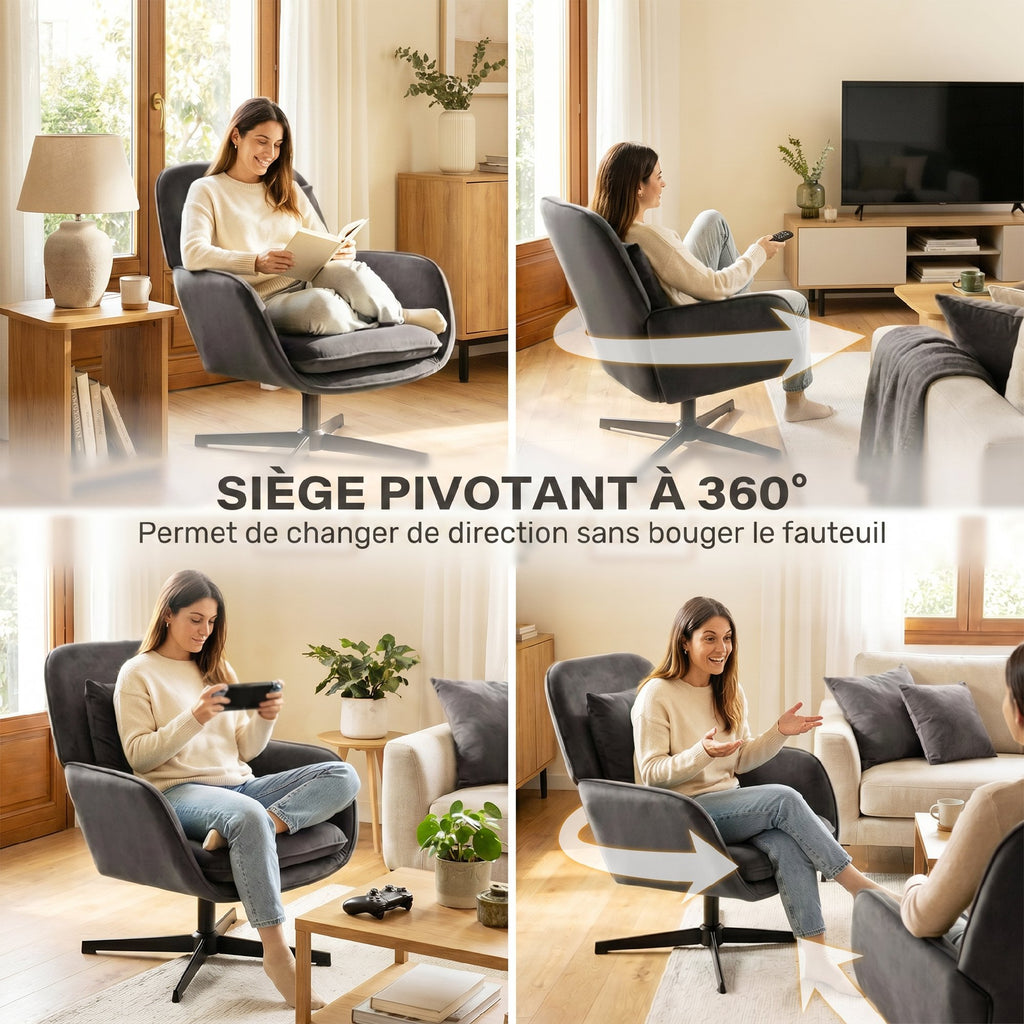 Fauteuil salon, fauteuil d'appoint rembourré en velours avec large assise, coussin et structure en métal, gris foncé-6