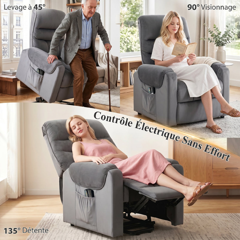 Fauteuil releveur électrique massage vibration et chaleur, fauteuil relax électrique en velours, gris foncé-3