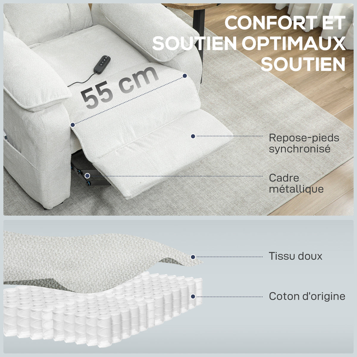 Fauteuil relax électrique fauteuil inclinable port USB repose-pieds poches latérales télécommande 86x90x103cm beige-4