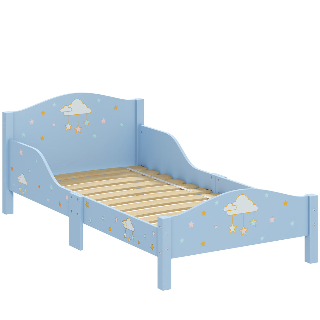 Lit Enfant 70 x 140 cm, Lit pour Enfant avec Barrière de Sécurité et Sommier à Lattes en Bois, Motif Nuage, Bleu-0