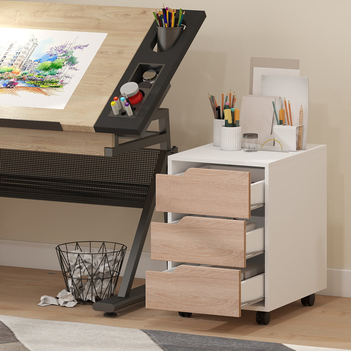 Caisson bureau mobile, meuble rangement bureau sur roulettes, 3 tiroirs, 40x50x57,5cm, blanc et chêne-7