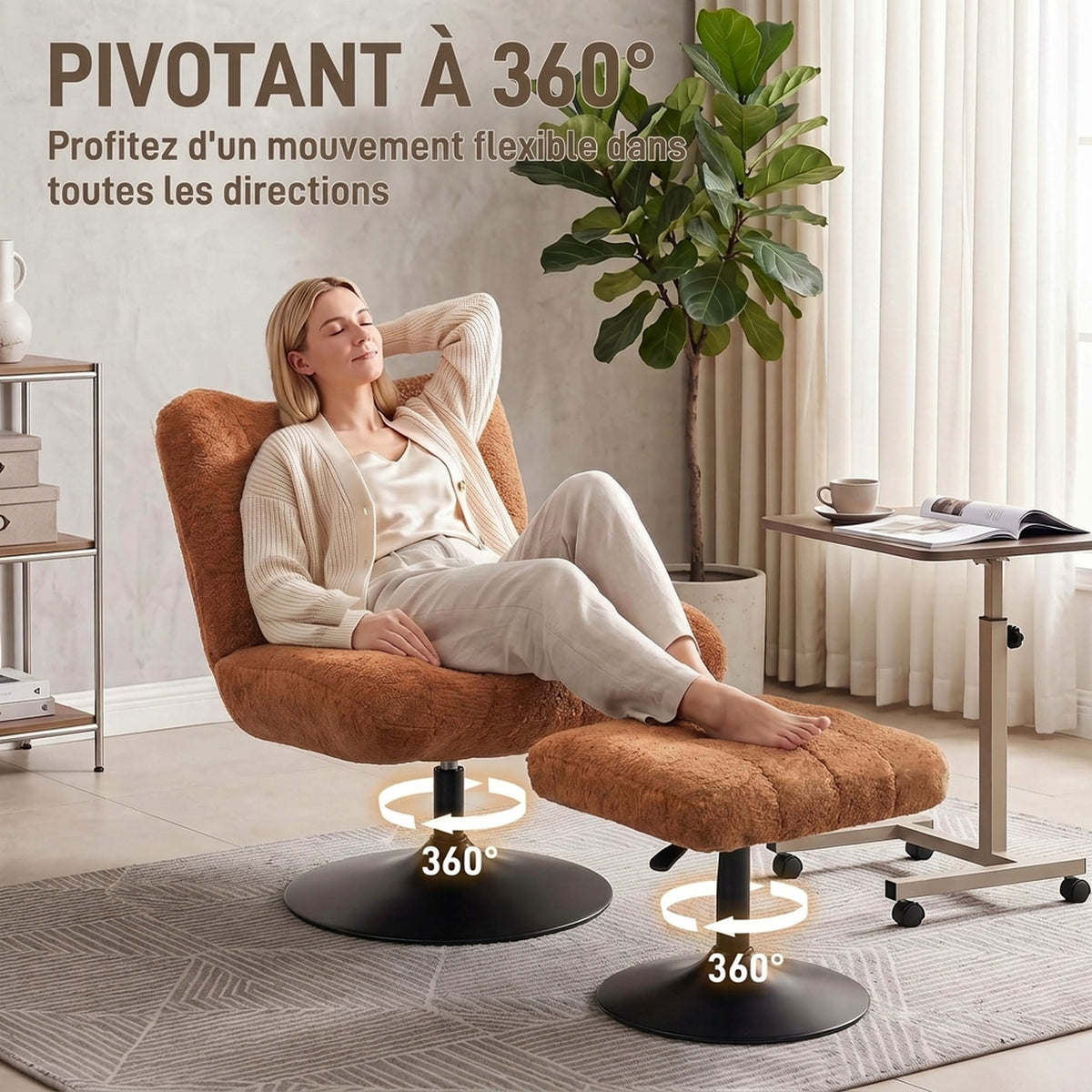 Fauteuil de Salon avec Repose-Pied Réglable, Fauteuil d'Appoint Capitonné en Velours Effet Motifs Gouttes d'Eau, Marron-4