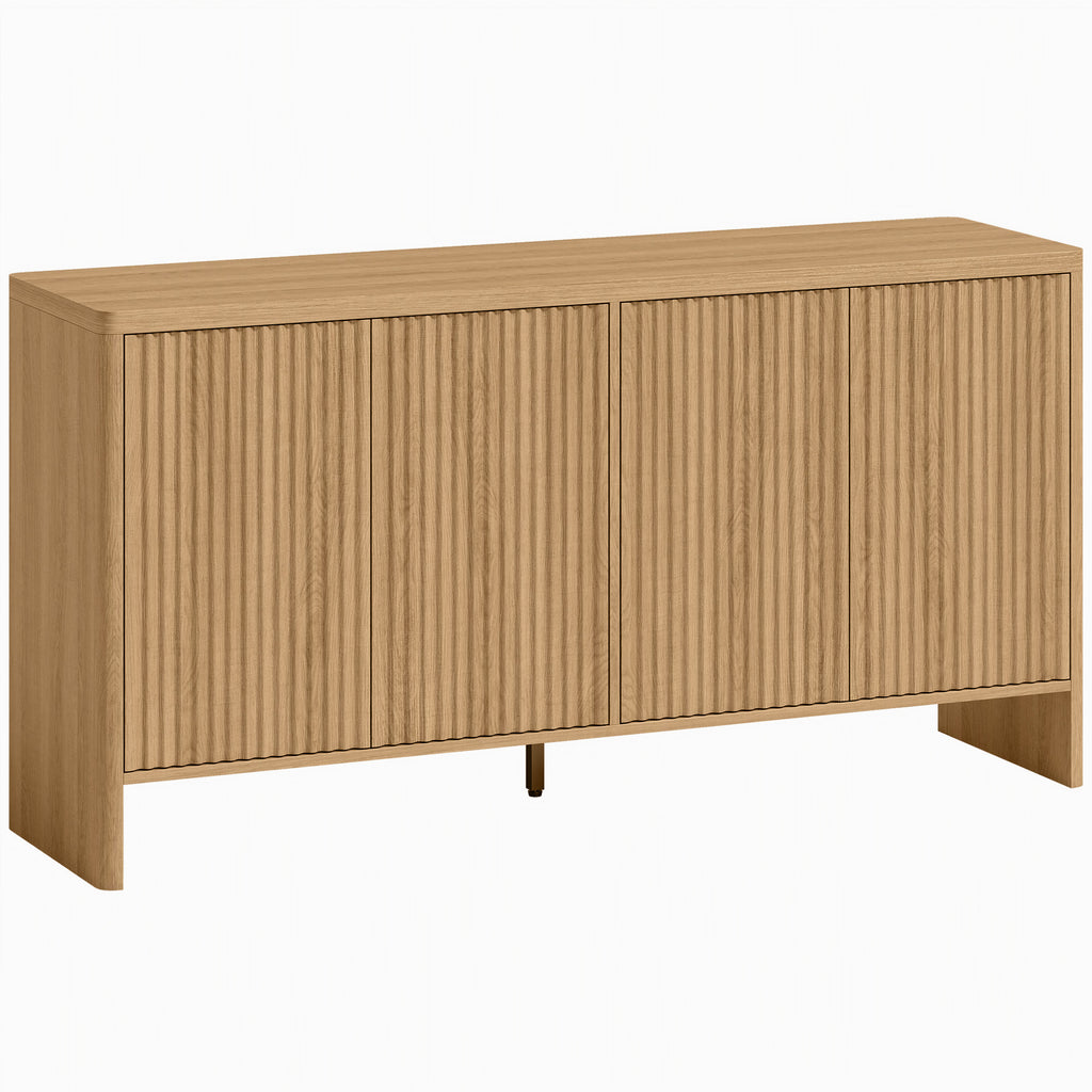 Buffet salon, meuble de rangement avec 4 portes rainurées, étagère réglable, ouverture par pression, 147x40x77cm, chêne-0