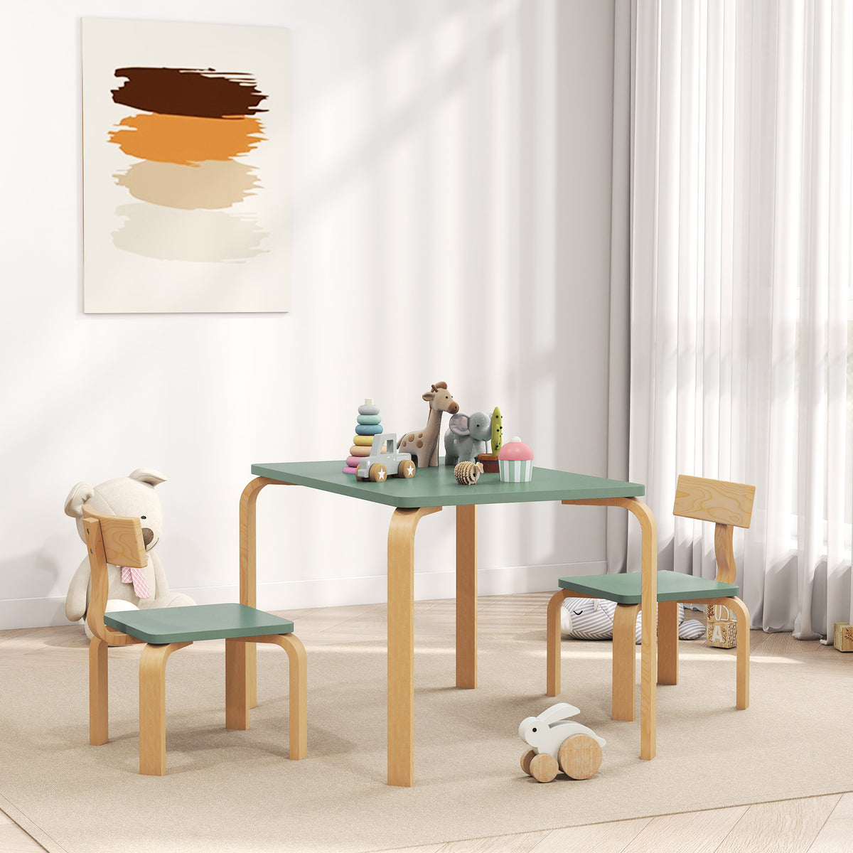 Table enfant avec chaises, lot table et 2 chaises enfant en bois pour dessiner, jouer, étudier, 78x53x53cm, vert-9