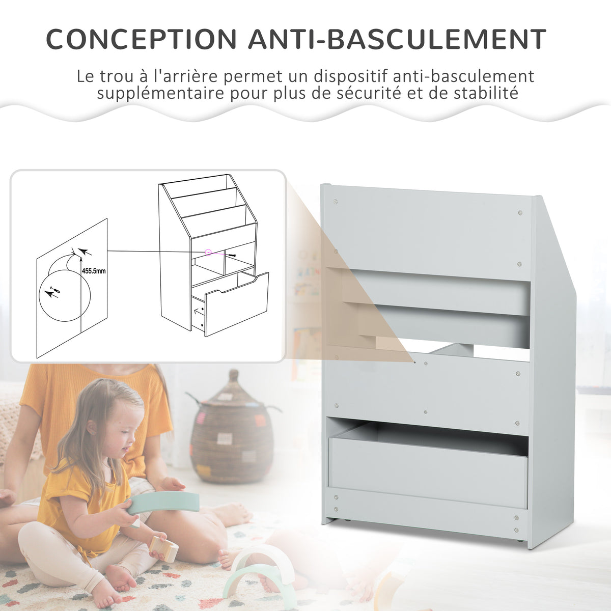 Bibliothèque étagère Multi-Rangement 3 étagères 2 niches Grand tiroir en bois Gris-4