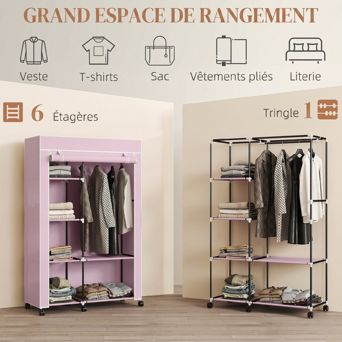 Armoire penderie en tissu meuble de rangement 6 roulettes tringle à vêtements et étagères ouvertes 103x43x162,5cm rose-3