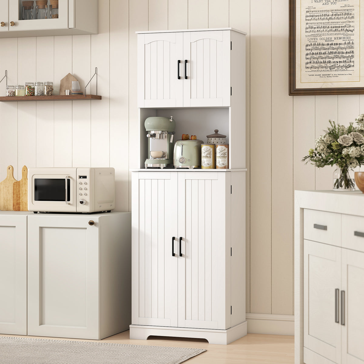 Buffet haut cuisine armoire de cuisine, 4 portes plan de travail 8 porte-épices étagères réglables 60x40x181,5cm blanc-8