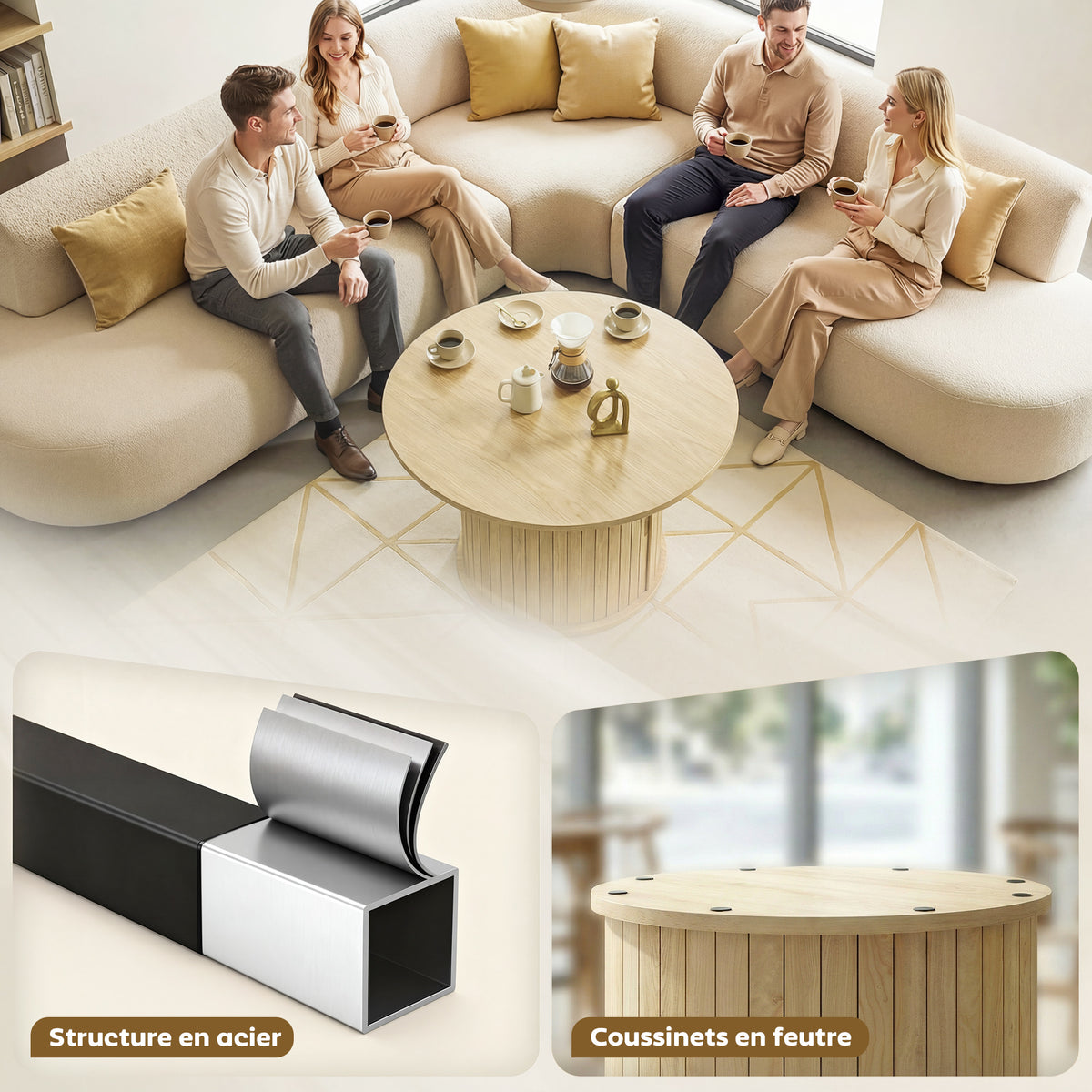 Table basse ronde, table de salon avec rangement, porte coulissante à lattes, 2 étagères, effet bois naturel-6