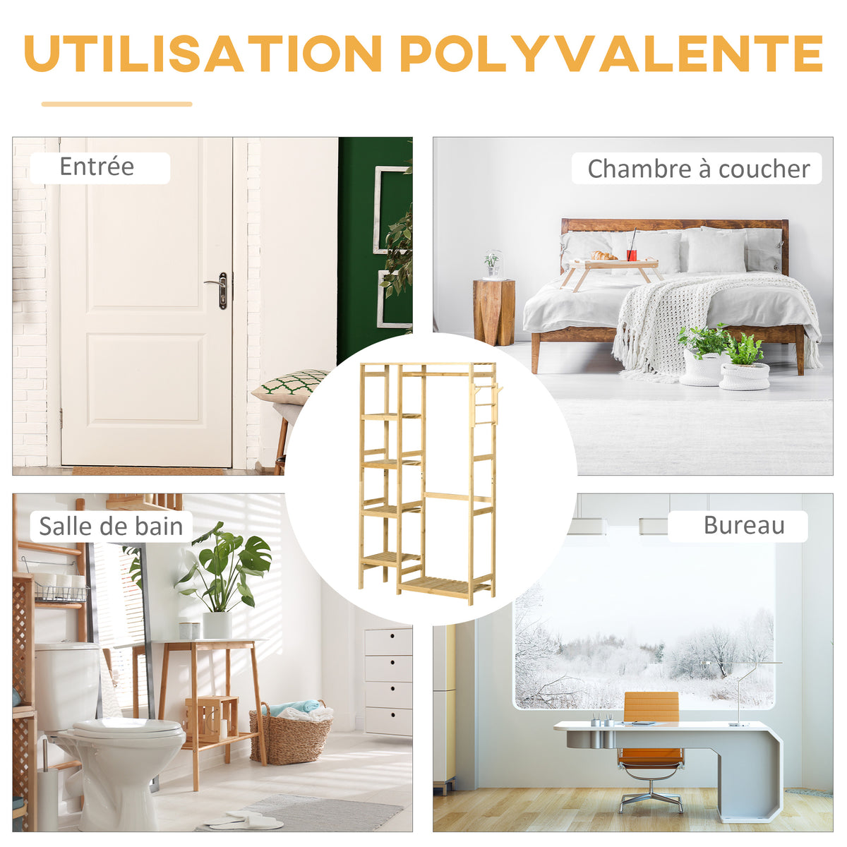 Portant à Vêtements Bambou Penderie Porte-Manteaux avec étagères, Tringle et 2 patères - dim. 90L x 30P x 155H cm-5