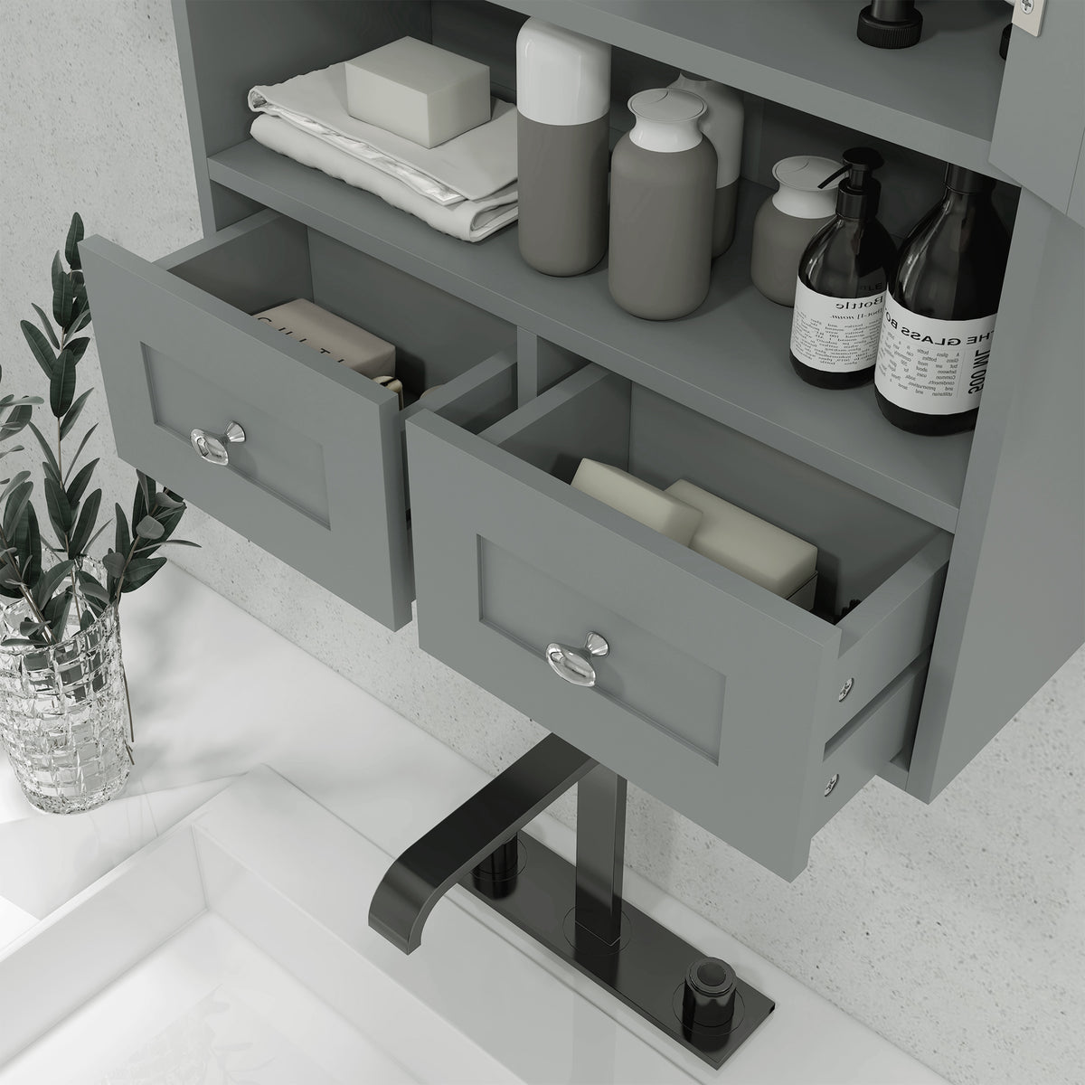 Armoire murale de salle de bain, armoire de toilette, avec portes, étagère, 2 tiroirs, 50,8l x 17,8P x 66H cm, gris-6