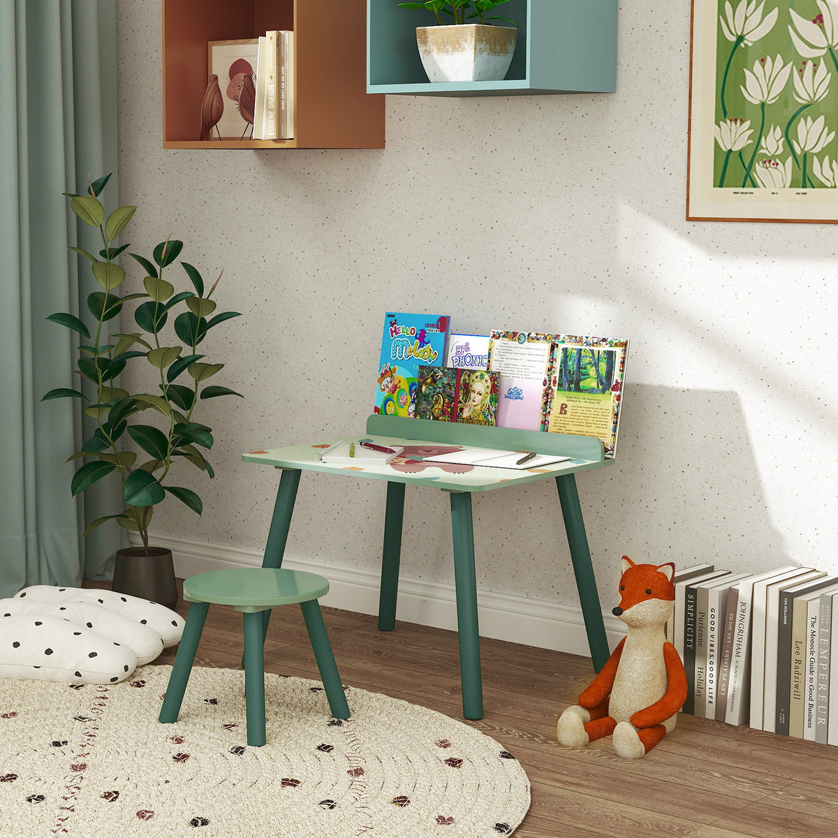 Ensemble table et chaise enfant table pour enfant avec chaise avec porte-livres motifs d'ours pour enfants 3-8 ans vert-9