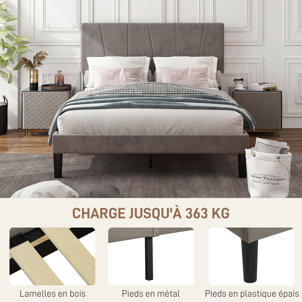 Cadre de lit double 140 x 190 cm lit 2 personnes tête de lit réglable sommier 150 x 198 x 100/105/110/115/120 cm gris-5