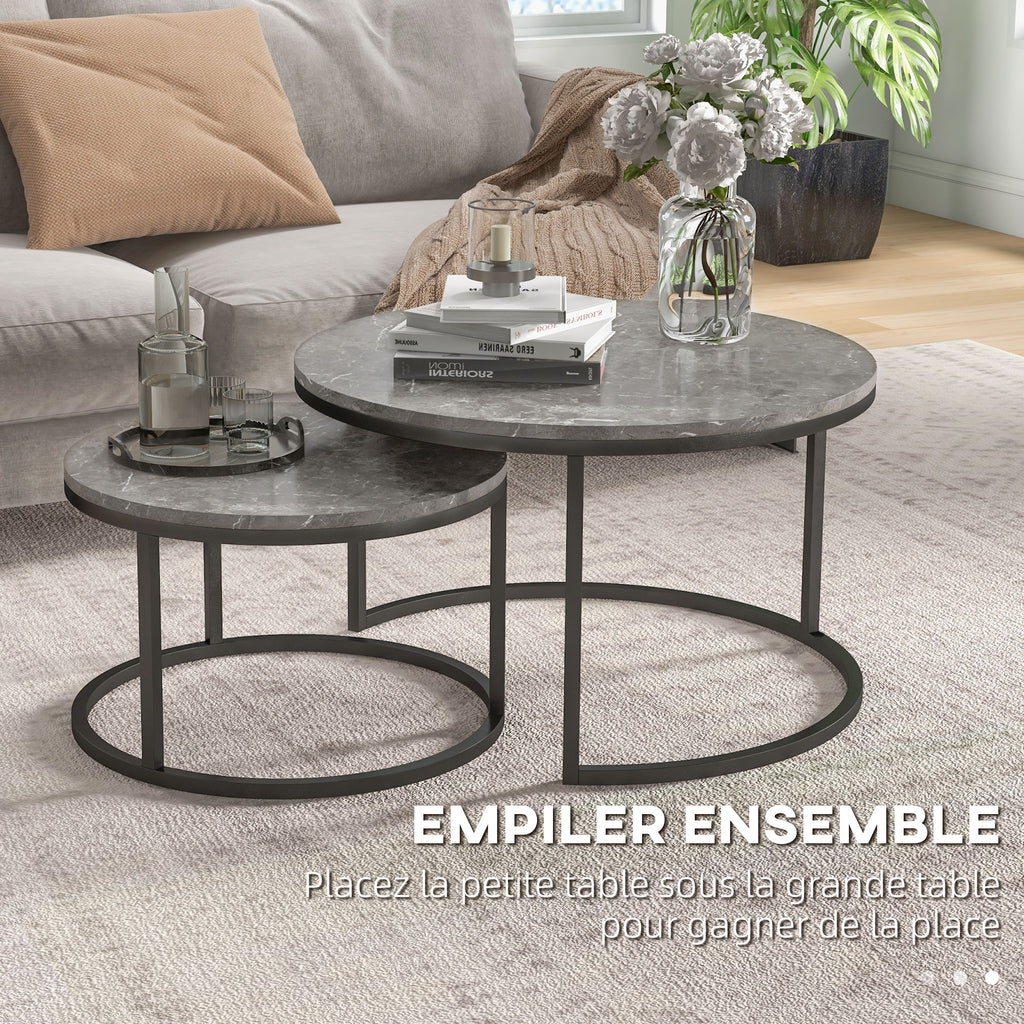 Lot de 2 tables basses gigognes empilable design industriel plateau imitation ciment pieds en métal gris-3