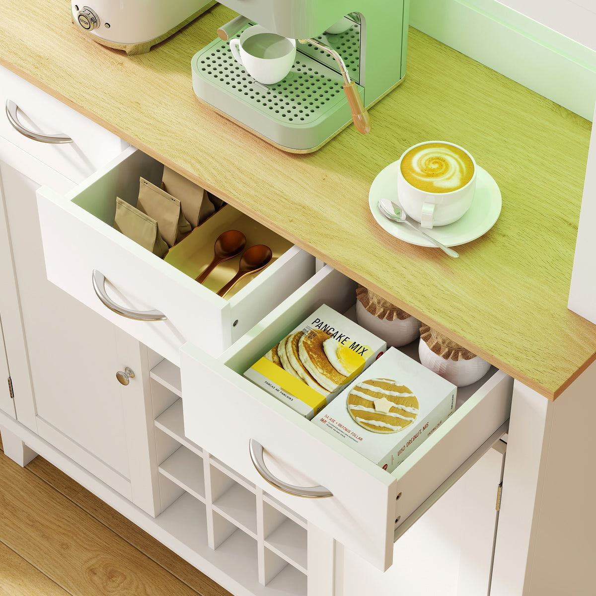Buffet haut cuisine avec éclairage LED, vaisselier, 4 portes dont 2 en verre, tiroirs, porte-bouteilles, blanc-8