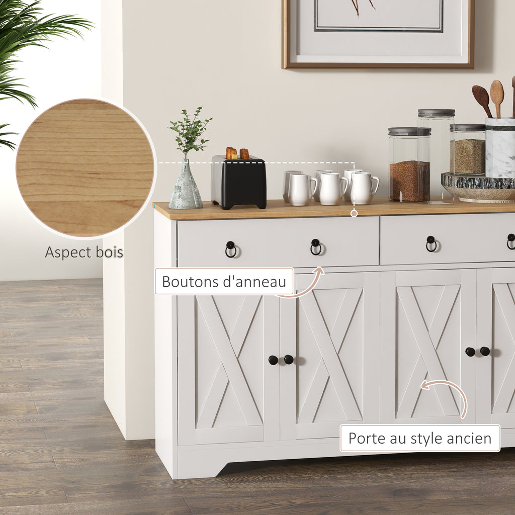 Buffet meuble de rangement armoire de cuisine style rural 2 tiroirs et 2 placards étagères à hauteurs réglables blanc-5
