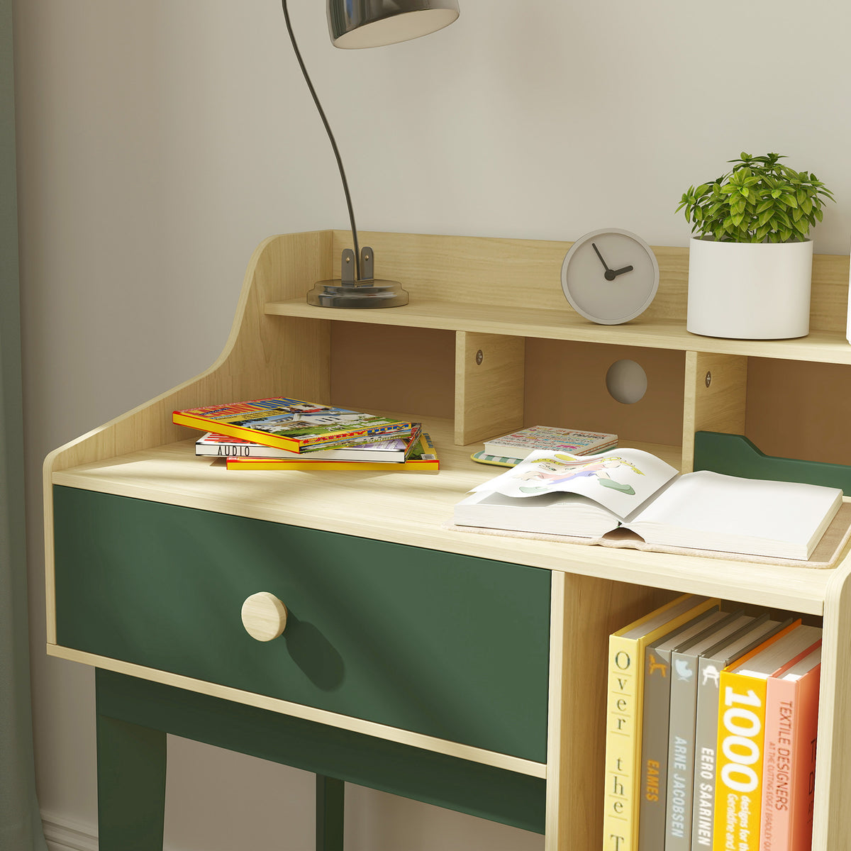 Ensemble bureau et chaise pour enfant avec étagères de rangement et tiroir, mobilier pour enfants de 3 à 10 ans, vert-8