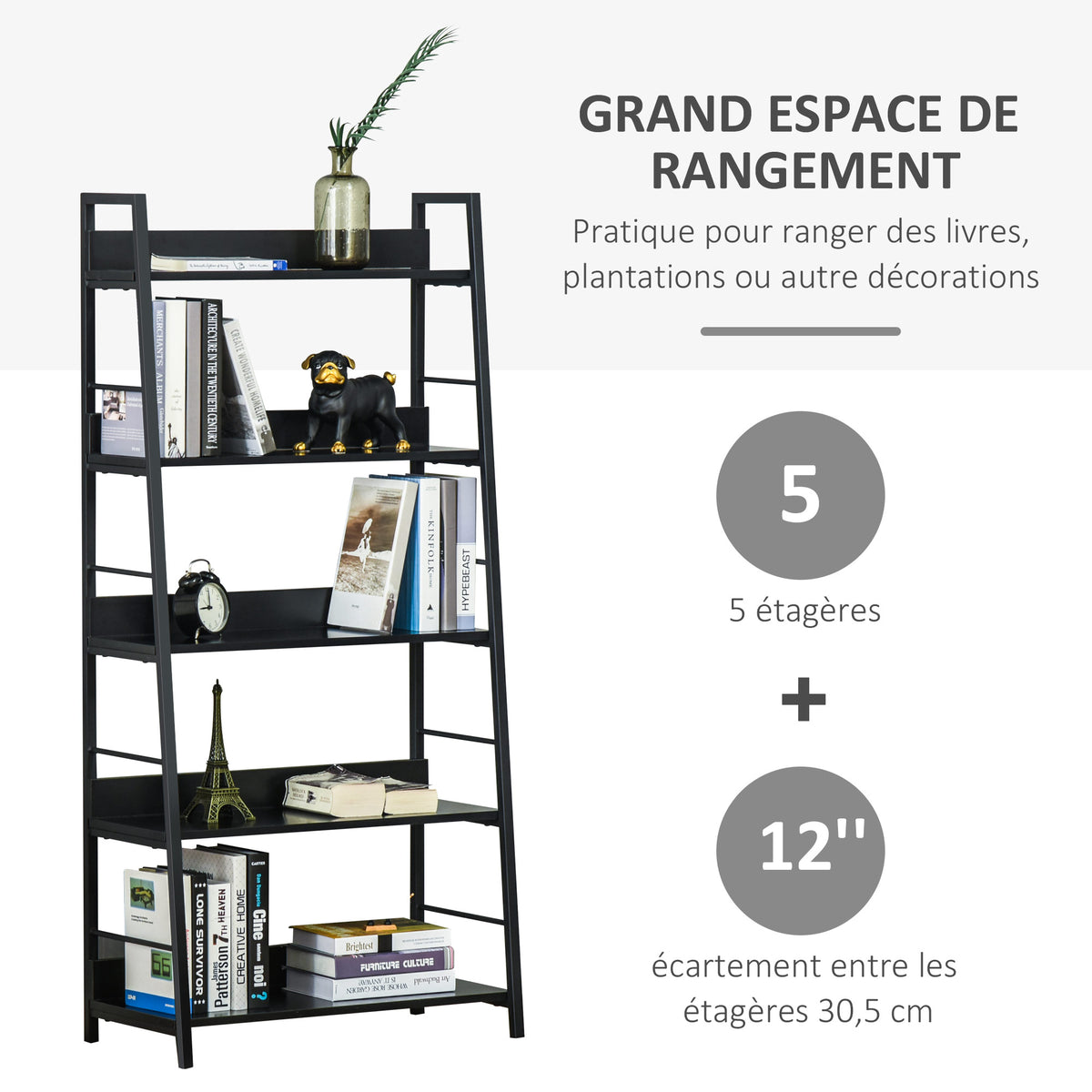 Étagère bibliothèque de Rangement Style Industriel incliné 5 Niveaux 70L x 35l x 150H cm Noir-3